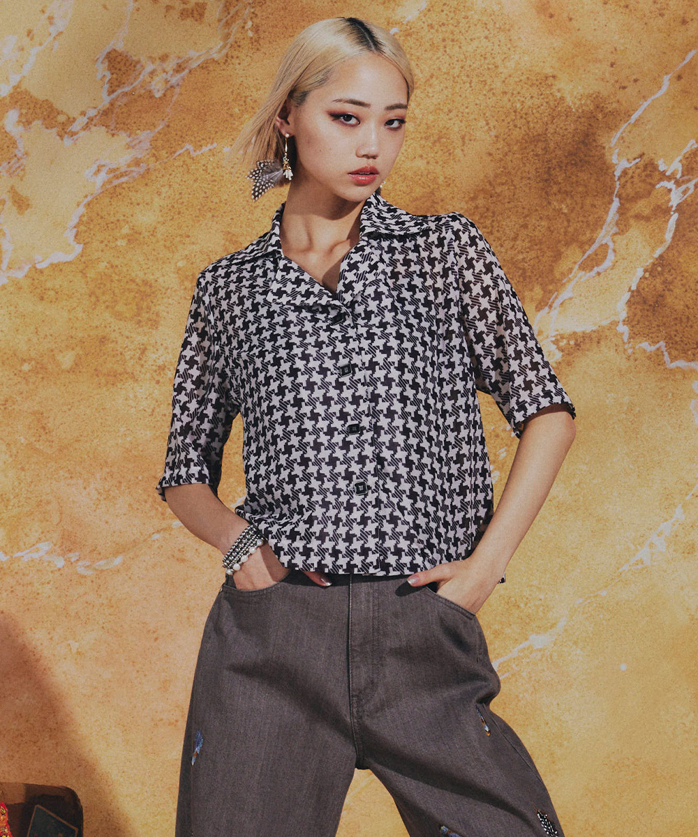 DSC / 幾何学柄 シフォンオープンカラーシャツ